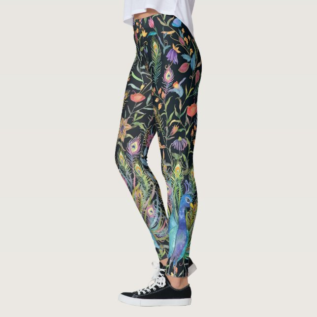 Painterly Peacock Feather, Floral Vines Boho Chic  Leggings (Left)