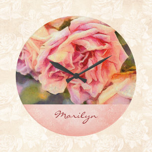 Painterly Pink Roses on Damask Monogrammed Large Clock