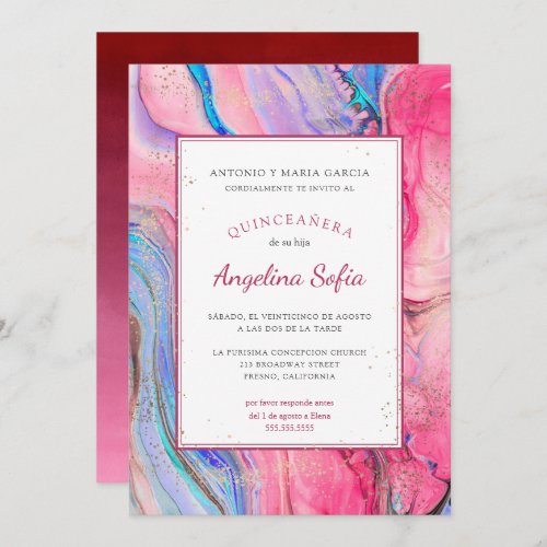 Painterly Pink with Gold Glitter Quinceanera Invitation
