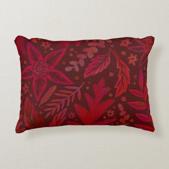 Painterly Red Botanical Leaf Pattern Accent Pillow (Front)