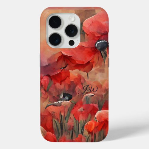 Painterly red poppies and custom text iPhone 15 pro case