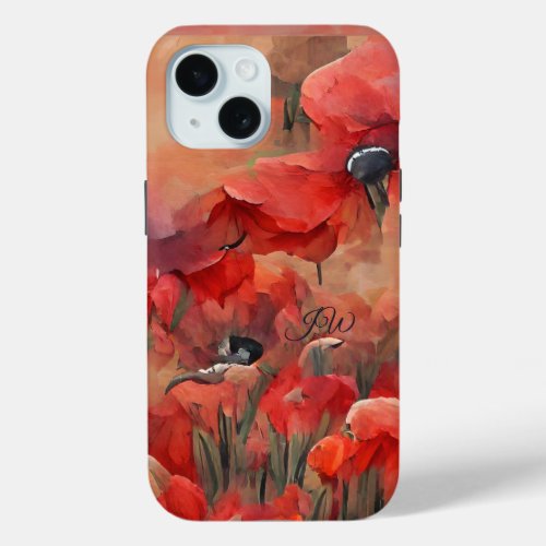 Painterly red poppies and custom text iPhone 15 case