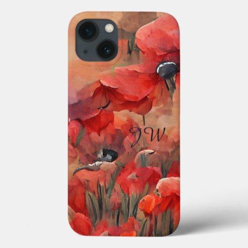 Painterly red poppies and custom text iPhone 13 case