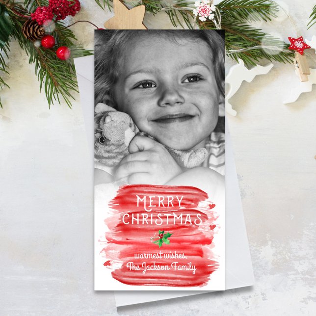 Painterly Red Watercolor Christmas Holly Photo Holiday Card (Creator Uploaded)