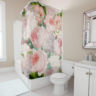 Painterly Retro Roses Lilacs Flower Spring Pattern Shower Curtain