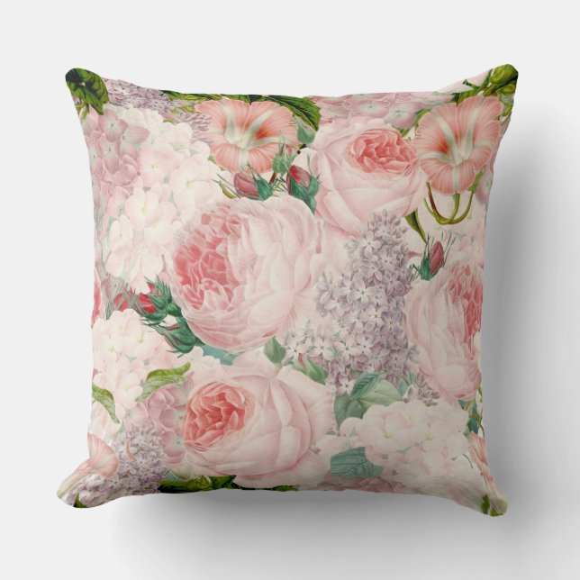 Painterly Retro Roses Lilacs Flower Spring Pattern Throw Pillow (Front)