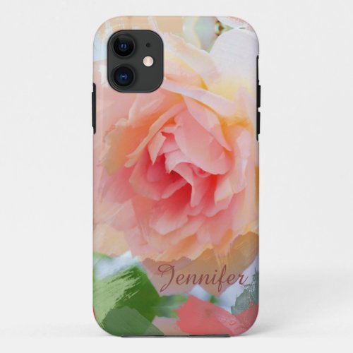 Painterly romantic pink Rose  custom Name iPhone 11 Case