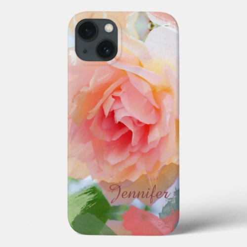 Painterly romantic pink Rose  custom Name iPhone 13 Case
