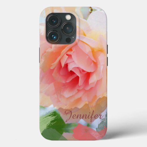 Painterly romantic pink Rose  custom Name iPhone 13 Pro Case
