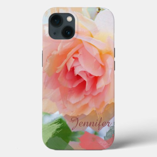 Painterly romantic pink Rose  custom Name iPhone 13 Case