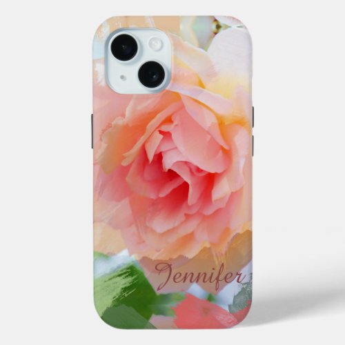 Painterly romantic pink Rose  custom Name iPhone 15 Case