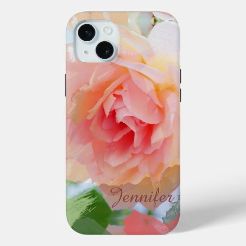 Painterly romantic pink Rose  custom Name iPhone 15 Plus Case