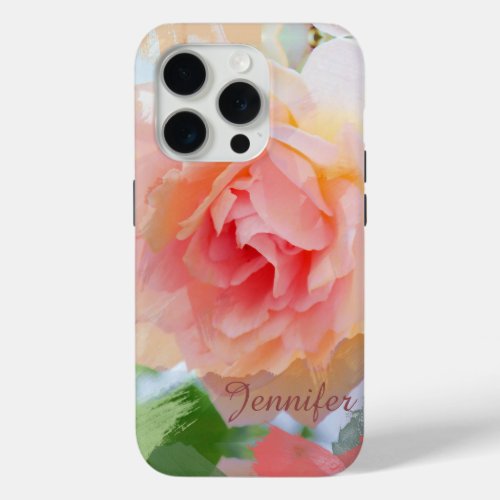 Painterly romantic pink Rose  custom Name iPhone 15 Pro Case