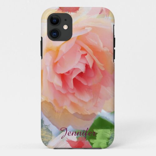 Painterly romantic pink Rose  custom Name iPhone 11 Case