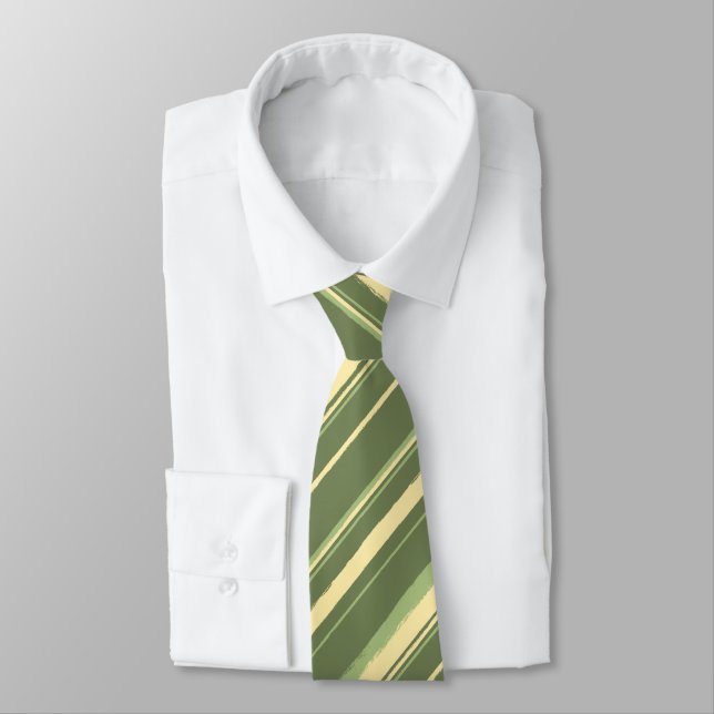 Painterly Striped Olive & Moss Green Two-Sided Neck Tie (Tied)