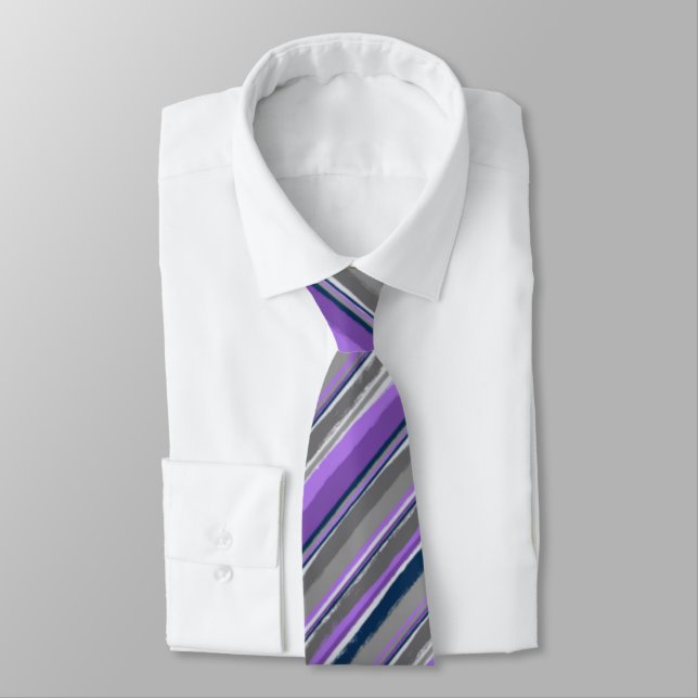 Painterly Striped Purple & Gray Two-Sided Wedding Tie (Tied)