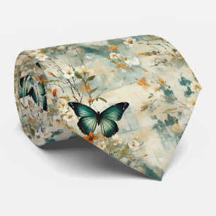 Painterly Teal Butterfly Floral Sage Terracotta Neck Tie