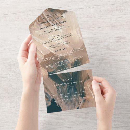 Painterly teal terracotta abstract rsvp wedding all in one invitation