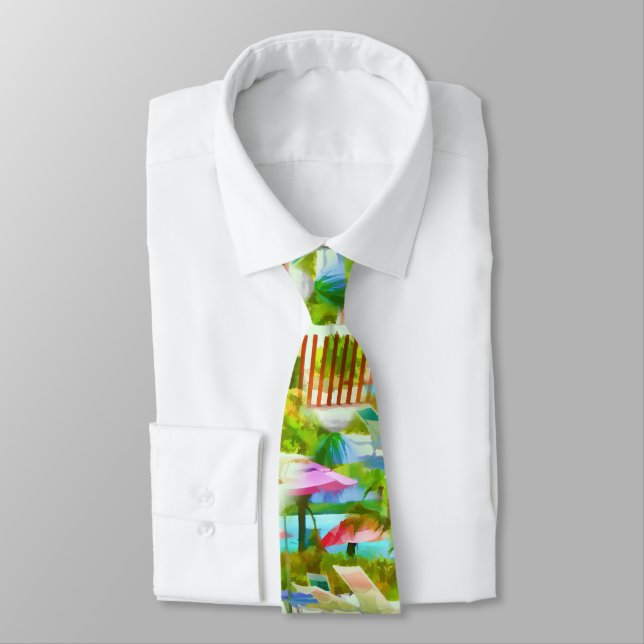 Painterly Tropical Bahama Islands Beach Scene Neck Tie (Tied)