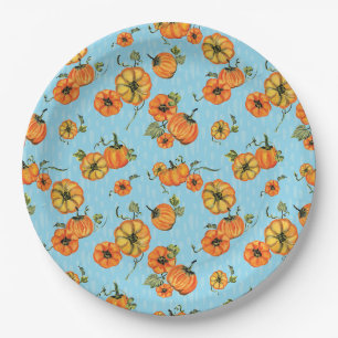 Painterly Watercolor Fall Pumpkins Orange/Blue Paper Plates
