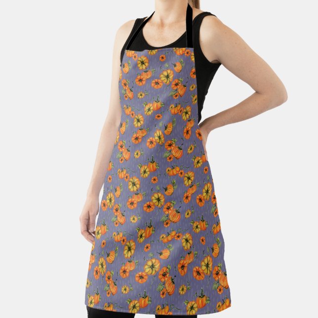 Painterly Watercolor Fall Pumpkins Orange/Purple Apron (Insitu)