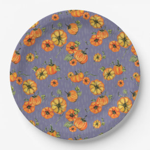 Painterly Watercolor Fall Pumpkins Orange/Purple Paper Plates