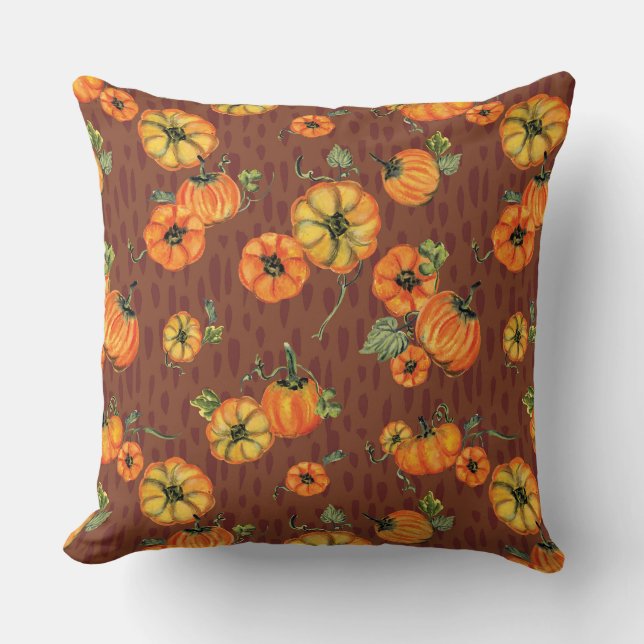 Painterly Watercolor Fall Pumpkins Orange/Rust Throw Pillow (Front)