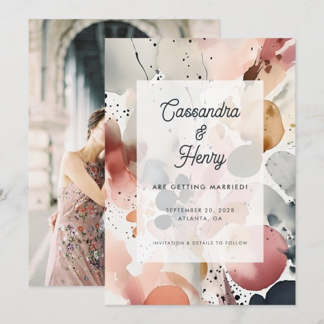Painterly Watercolor Modern Pastel Wedding Photo Save The Date (Front/Back)