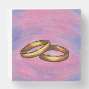 Painting art golden pair wedding rings I love you Wooden Box Sign
