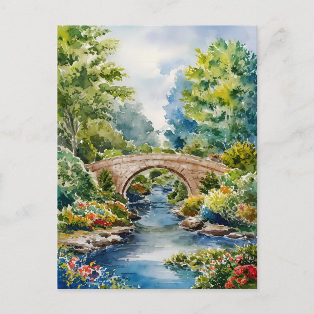 painting art landscape green garden bridge lake  postcard (Front)