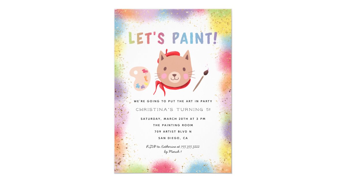 Painting Art Party Kids Birthday Kitty Cat Invitation Zazzle Com