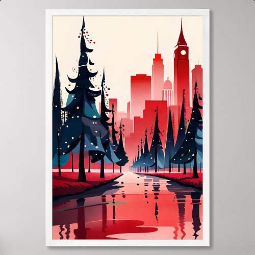 painting atmosphere christmas spirit red city park poster