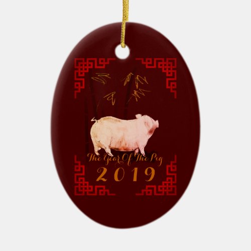 Painting Bamboo Chinese Frame Pig Year 2019 Oval O Ceramic Ornament