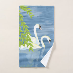 Painting Blue and Green pair of Swans on the lake Bath Towel Set