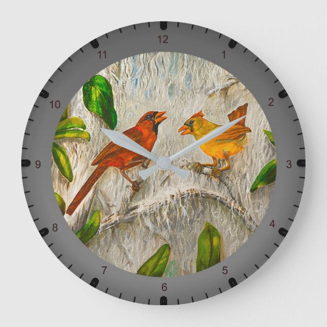 Painting Cardinal birds Large Clock (Front)