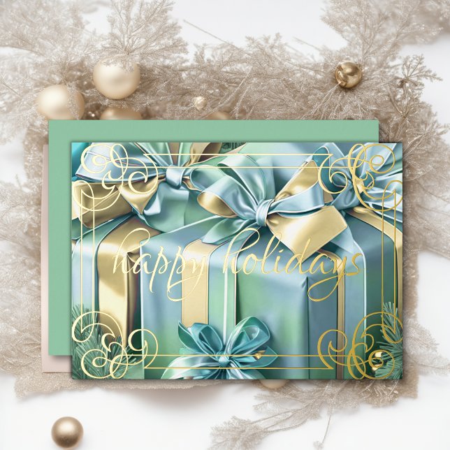 Painting Christmas Gifts Mint Green Blue Foil Holiday Card (Creator Uploaded)