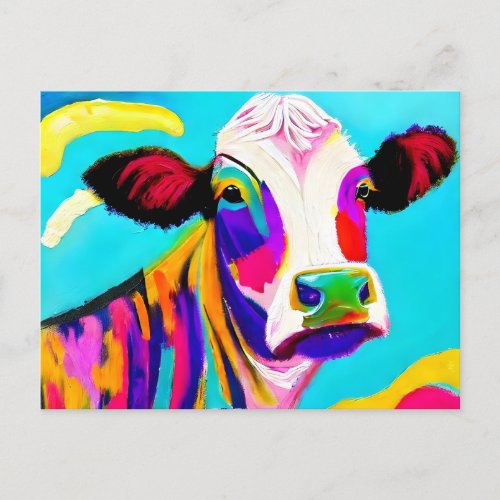 Painting colorful cow postcard