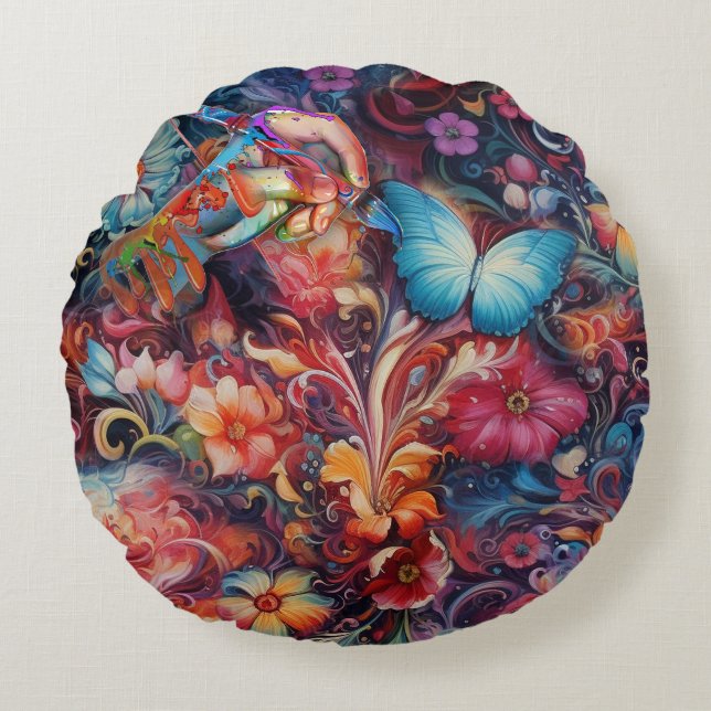 Painting Fantasy Flowers expressing nature Round Pillow (Front)