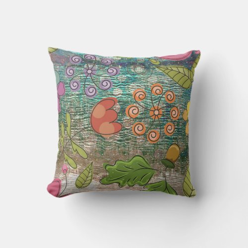 Painting Floral Abstract Green Pink Orange Throw Pillow