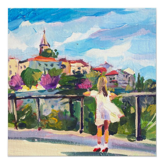 painting, girl siltrite on european medieval city poster (Front)