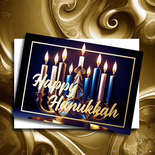 Painting Hanukkah Menorah Blue Gold Foil Holiday Card