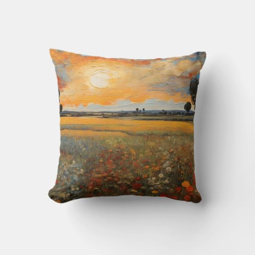Painting Landscape Sunset Flower Field 2 Throw Pillow