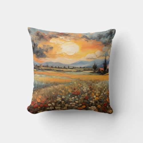 Painting Landscape Sunset Flower Field 4 Throw Pillow
