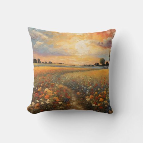 Painting Landscape Sunset Flower Field 5 Throw Pillow