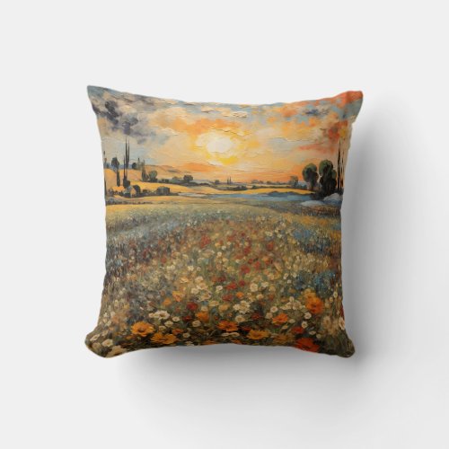 Painting Landscape Sunset Flower Field Throw Pillow