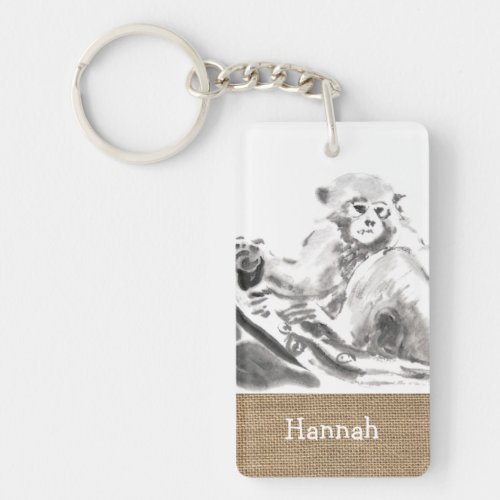 Painting Monkey Year Zodiac faux burlap N Keychain