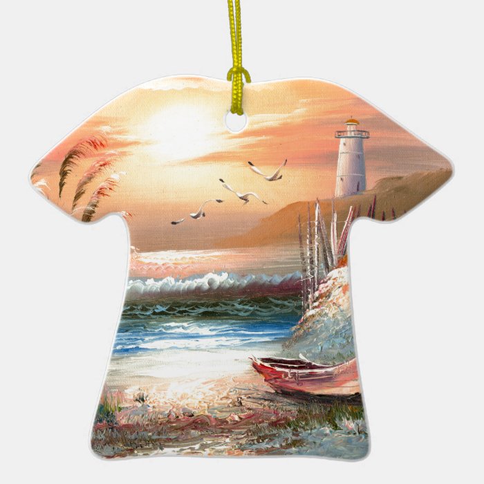 Painting Of A Beached Rowboat Near A Lighthouse Christmas Tree Ornament