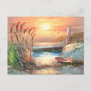 Painting Of A Beached Rowboat Near A Lighthouse Postcard by CalmCards at Zazzle