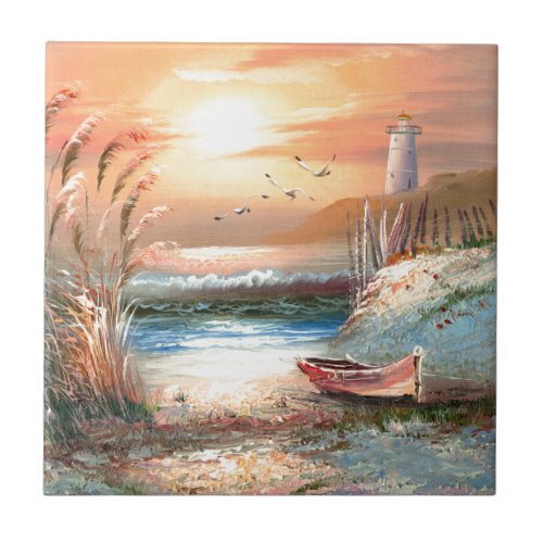 Painting Of A Beached Rowboat Near A Lighthouse Tile