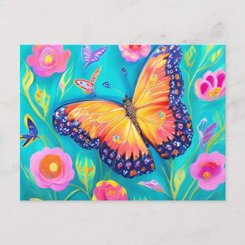 Painting of a butterfly in a field of flowers postcard